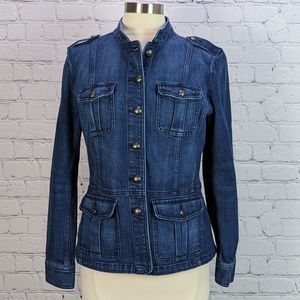 Talbots Sz L Blue Denim Jacket Blazer Safari Style Long Sleeve Pockets w Stretch